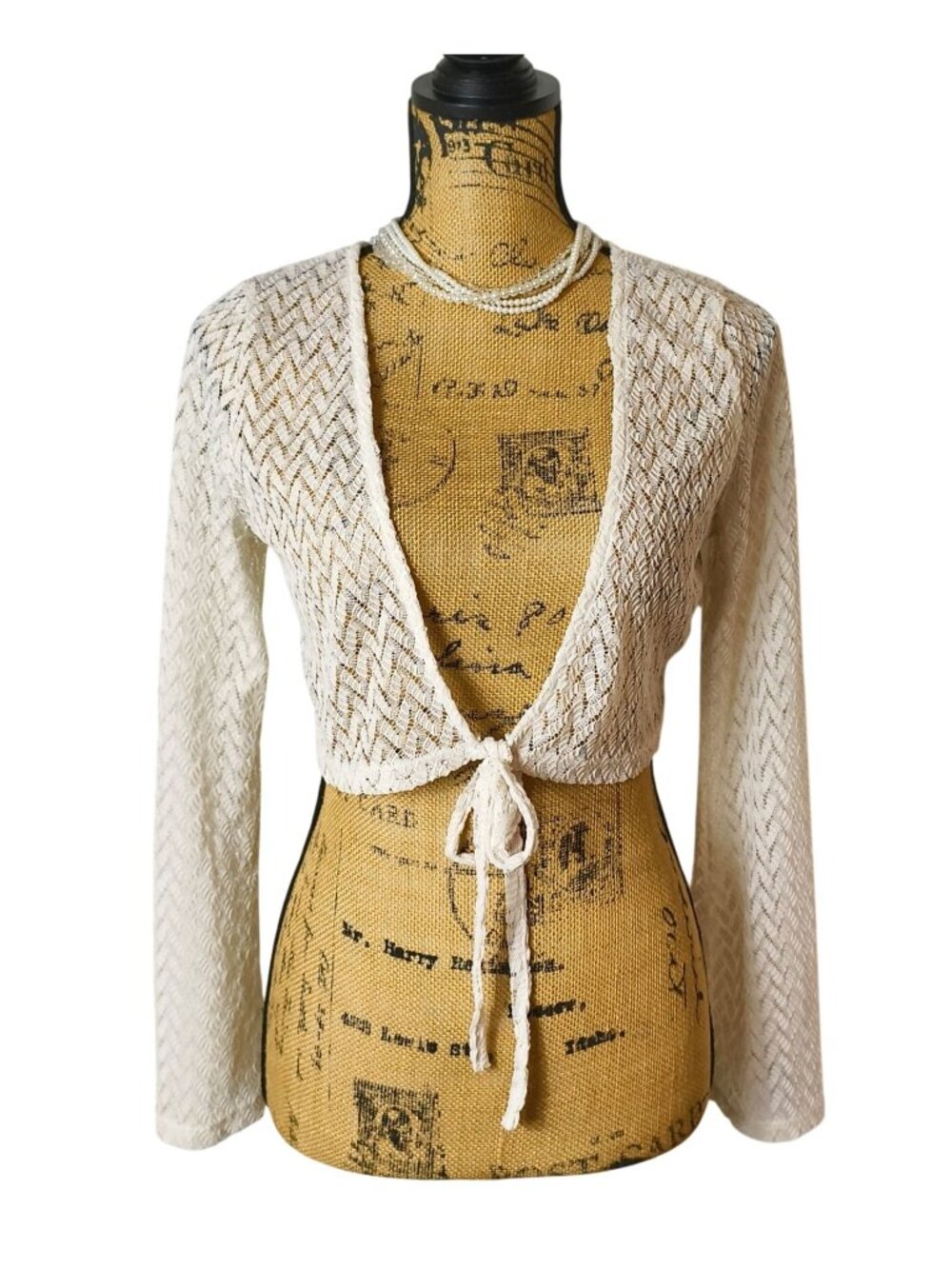 Womens L Shrug Cardigan Crochet Lace Tie Front Bolero Crop White Long Slv Fairy
